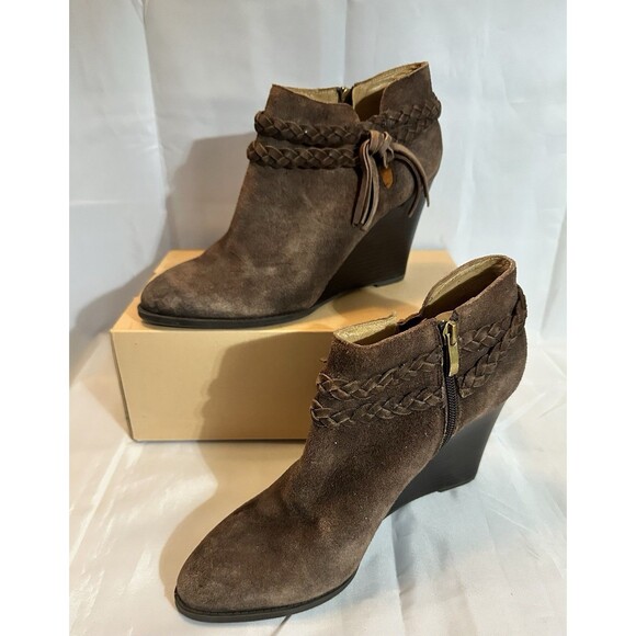Women’s Franco Sarto Braided Fringe Brown Wedge Ankle Boots Bootie Sz. 10M - Picture 1 of 15